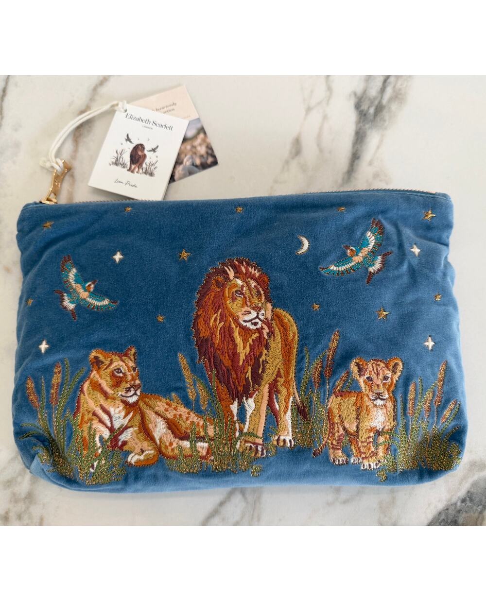 Elizabeth Scarlett London NEW Lion Pride Velvet Embroidered Pouch in Dusty Blue